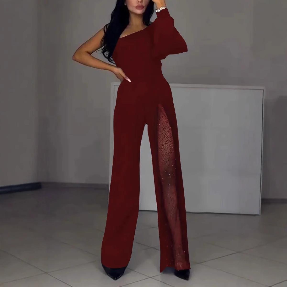 Fall Winter Fashion Sexy Oblique Shoulder High Slit Women's Jumpsuit