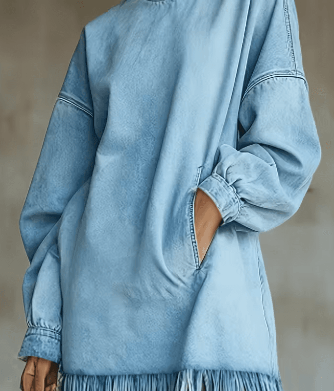 Loose Pocket Tassel Long-Sleeve Suede Dress
