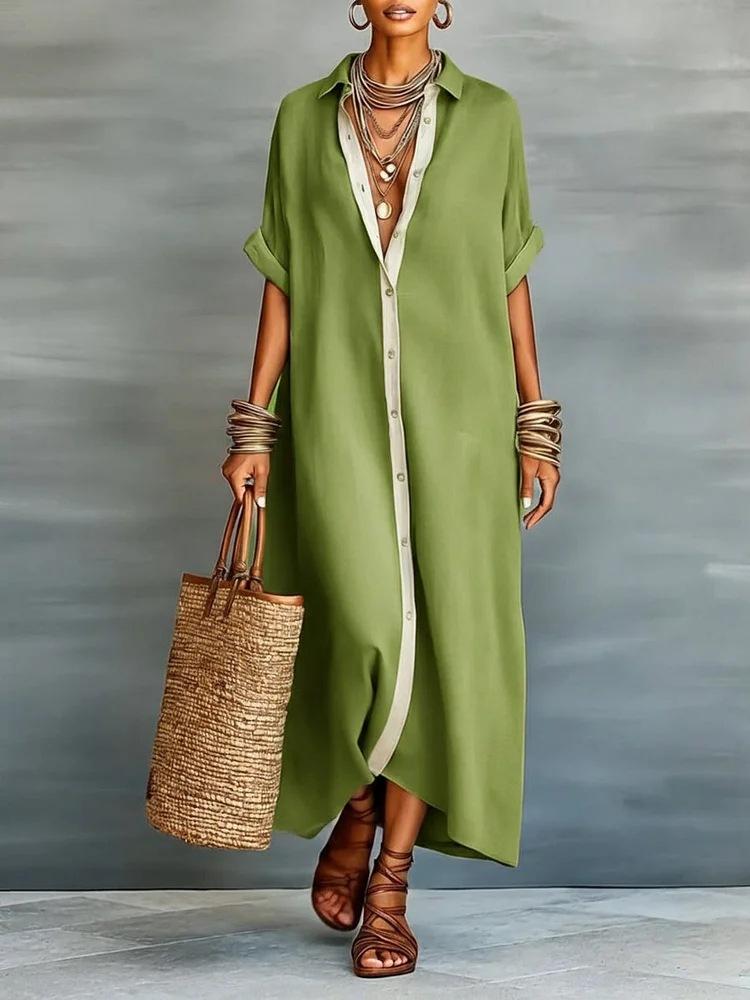 Women's Oversized Shirt Dress, Contrast Trim Rolled Sleeve Button Down Maxi Dress For Spring Summer