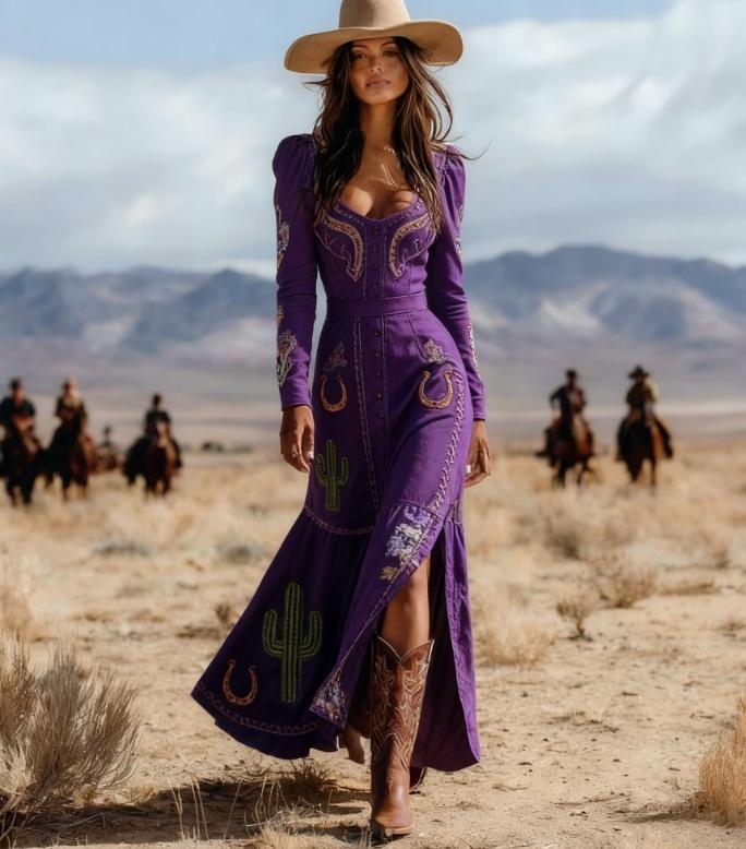 Western-style Printed Fitted Long-sleeved Dress