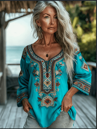 Turquoise Ethnic Heavy Embroidery V-Neck Seven-Point Sleeve Top