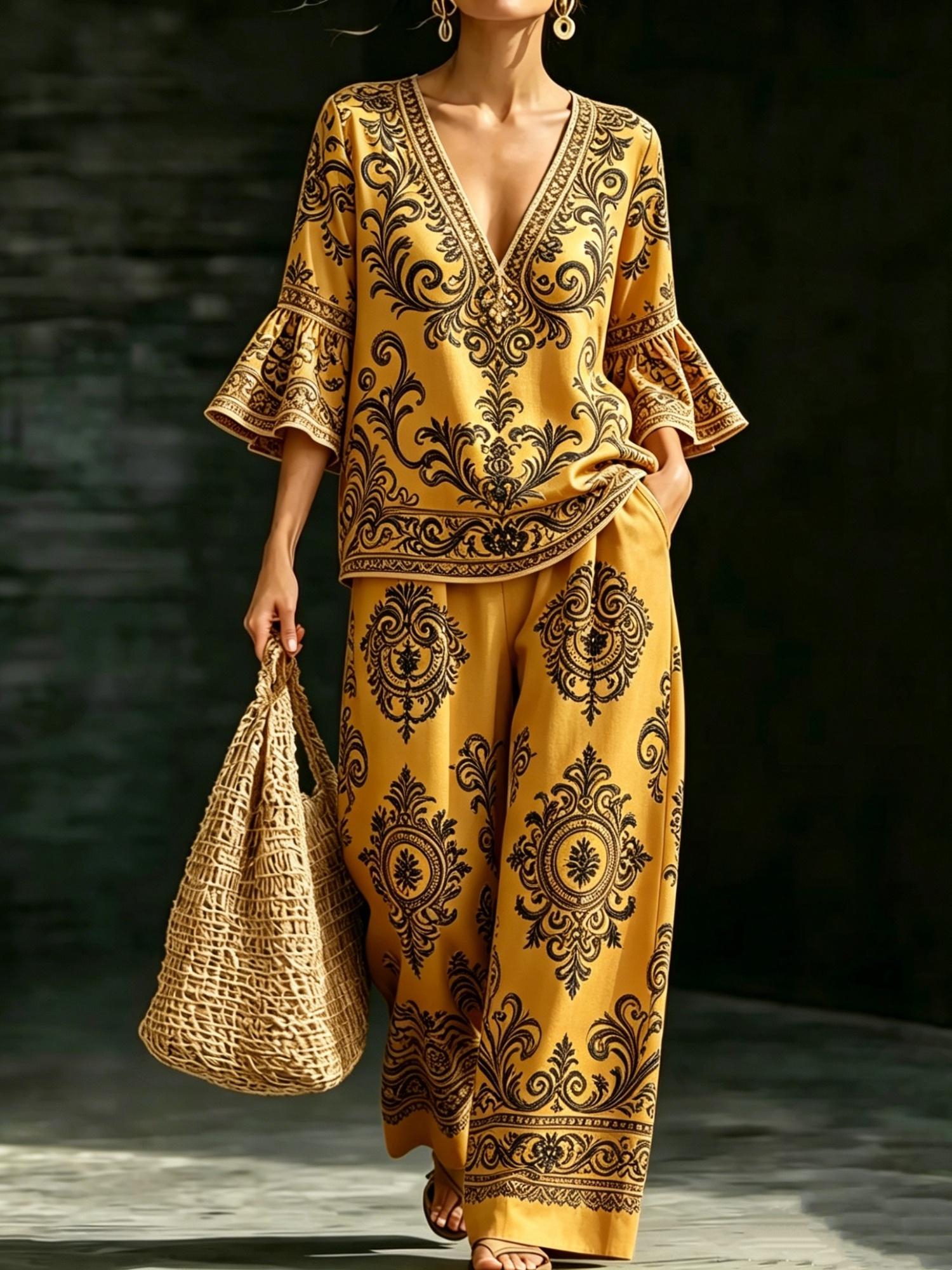 Solid-color V-neck Cotton-linen Chic Casual Two-piece Set With Wide-leg Pants For Women