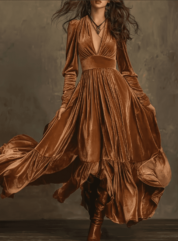 Velvet Fitted Waist Full Skirt Casual Long Sleeve Dress