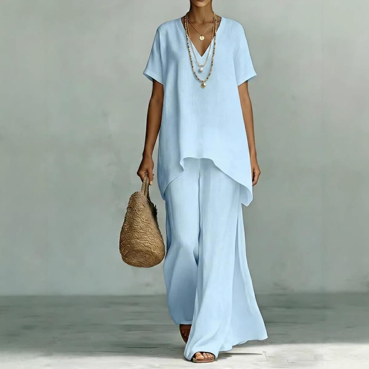V-neck Short-sleeve Fashionable Loose Top And Wide-leg Pants Set