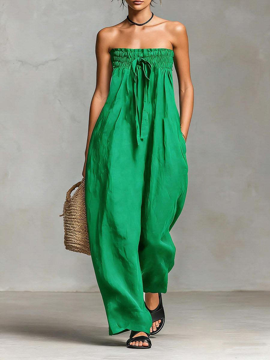 2026 Spring European American Women Strapless Smocked Bodice Jumpsuit, TieDetail Casual Playsuit