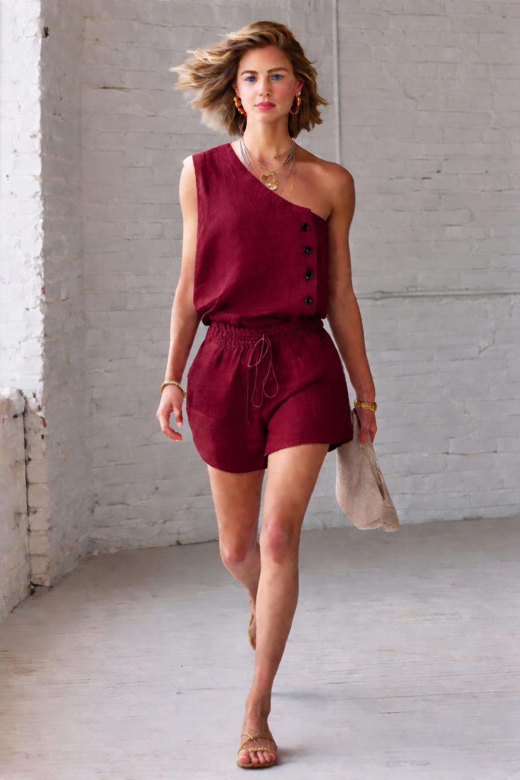 Casual Cotton-Linen One-Shoulder Sleeveless Button-Up Top And Shorts Set