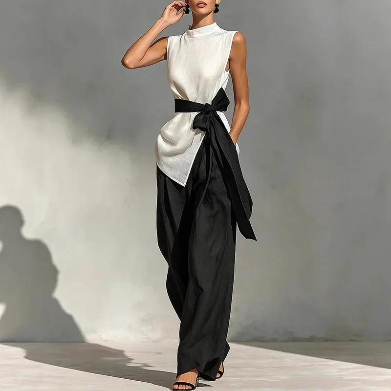 Womens Lace-Up Sleeveless Top And Wide-Leg Pants Two-Piece Set
