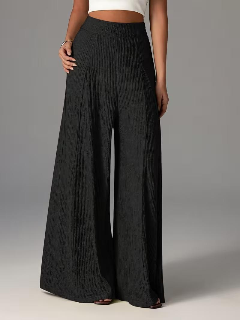 Elastic-waist Loose Solid-color Trousers High-waisted Wide-leg Pants