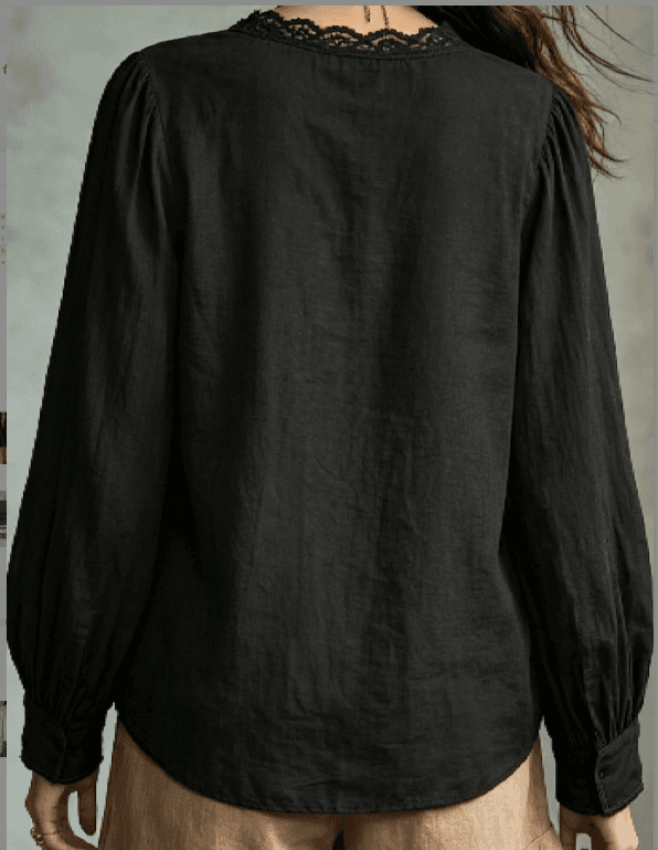 Black Lace V-neck Pleated Bubble Long Sleeved Textured Cotton And Linen Shirt