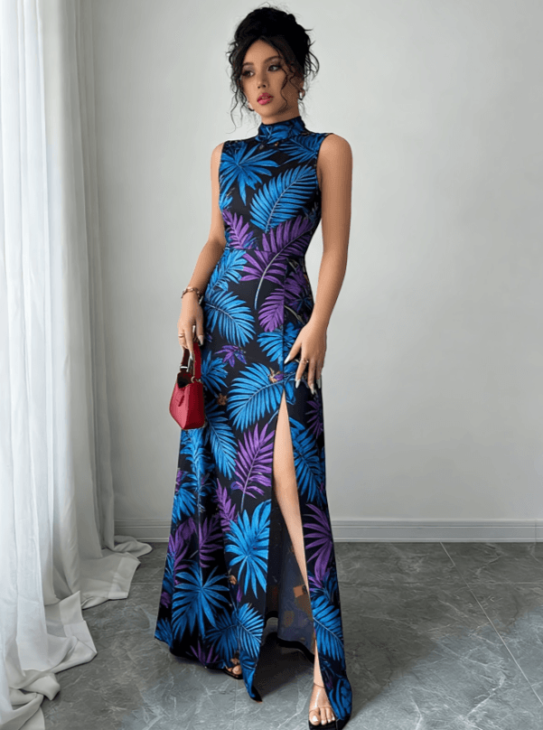Printed Stand-up Collar Sleeveless Slim-fit Slit Maxi Dress For Women