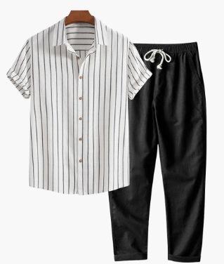 Casual Loose-fit Beach Set Four-way Stretch Short-sleeve Shirt And Shorts Set