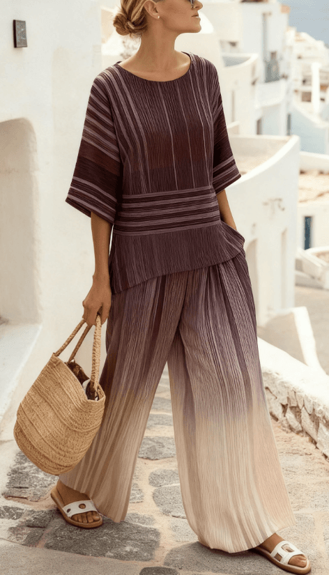 Summer Striped Suits Loose Batwing Sleeve T-shirt And Solid Straight-leg Pants