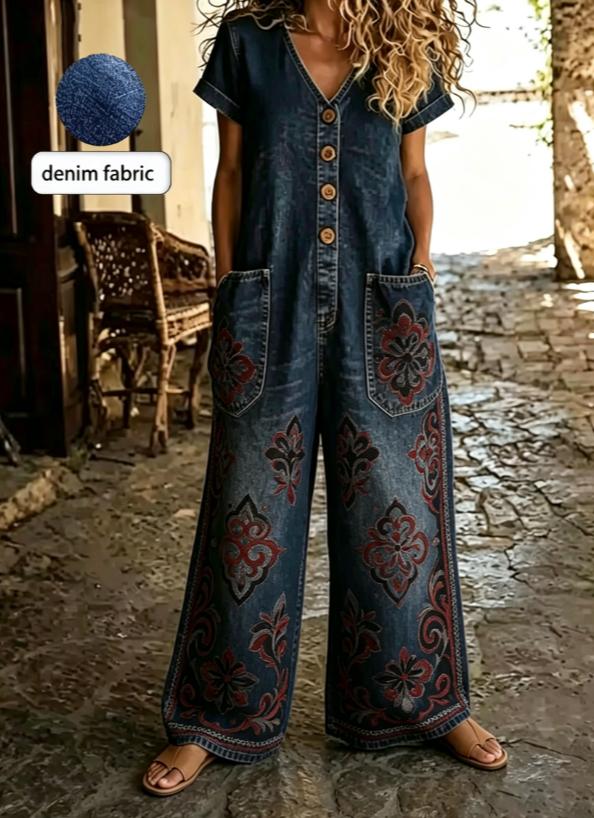 Buttoned Pockets Comfortable Short Sleeves Casual One-piece Wide-leg Jumpsuit