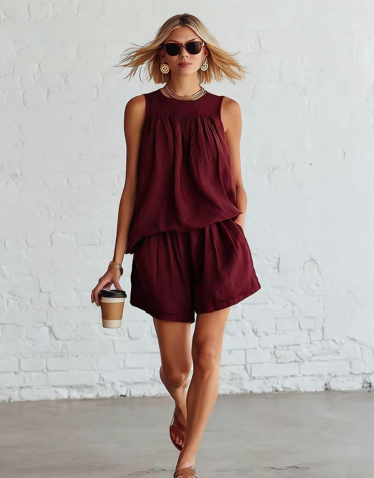Retro Sleeveless Pleated Top And Wide-leg Shorts Set