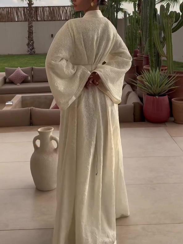Cream Embroidered Stand Collar Tie-Waist Slit Robe Dress