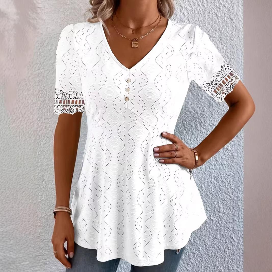 Womens V-neck Jacquard Hollow-out Lace Top