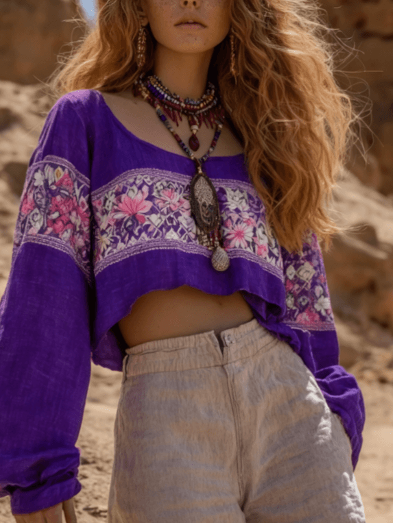 Women's Bohemian Retro Round Neck Long Sleeve Loose Short Top