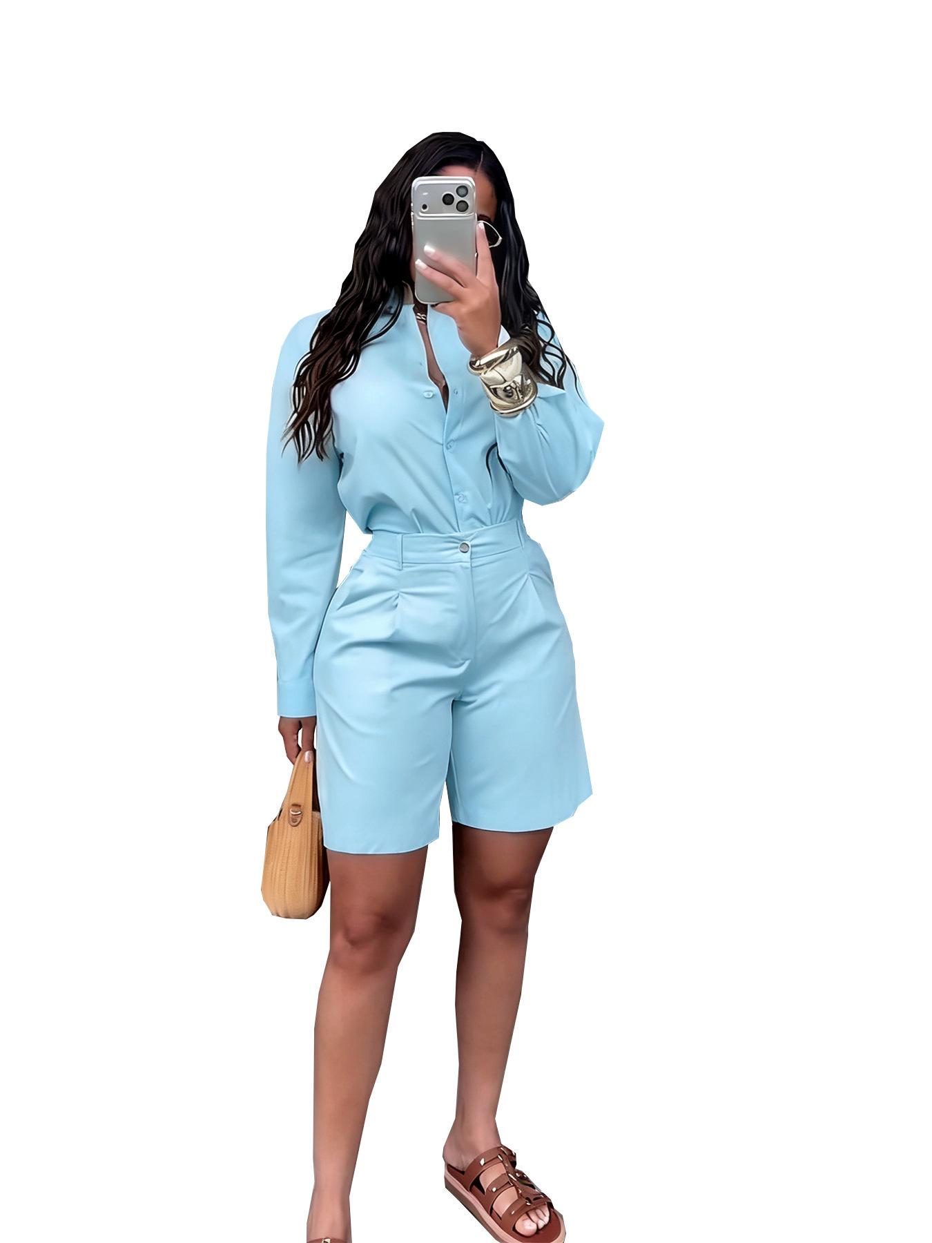 Fashionable Lapel-Collar Casual Long-Sleeve Shirt And Shorts Set