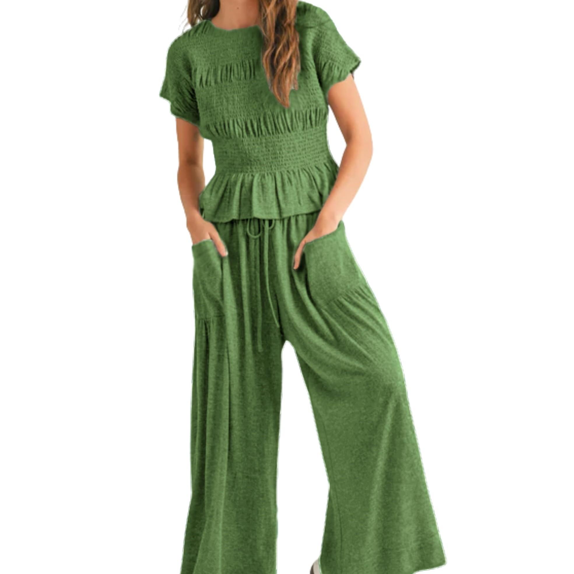 Women's 2-piece Pleated Top And Wide Leg Pants
