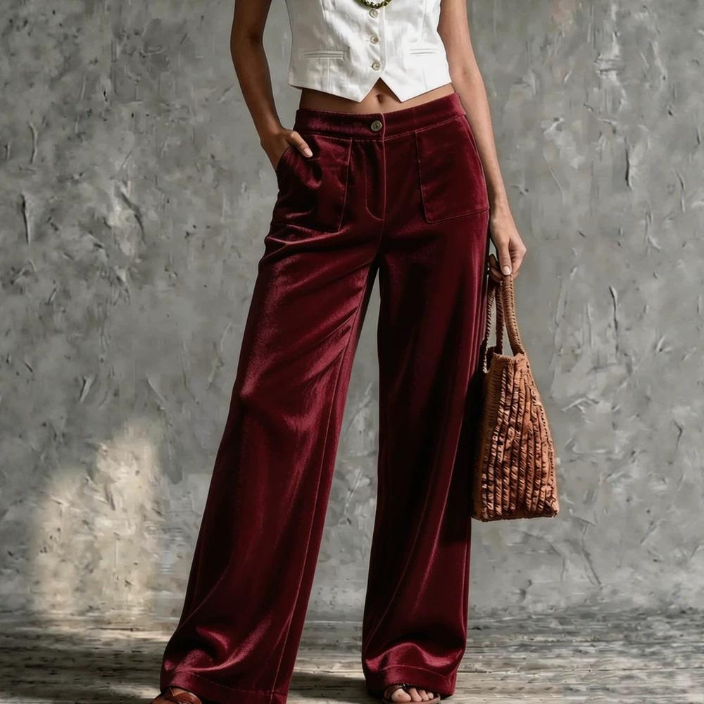 Womens Velvet Loose-fit Solid-color High-waisted Straight-leg Casual Pants With Pockets