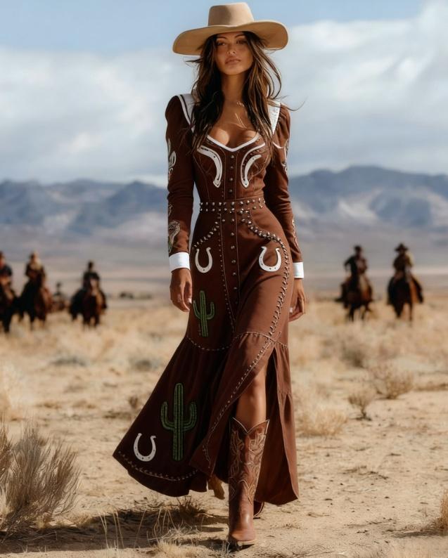 Western-style Printed Fitted Long-sleeved Dress
