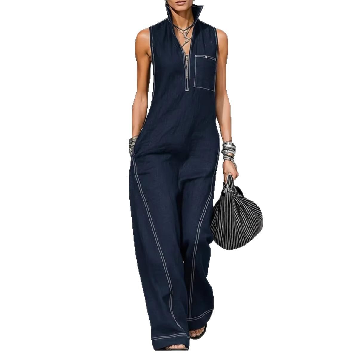 Womens Collarless Sleeveless Casual Loose Cotton-Linen Jumpsuit