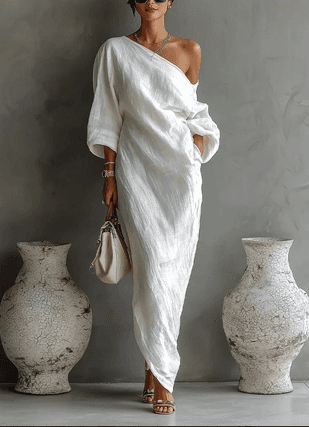 Linen One-Shoulder Maxi Dress