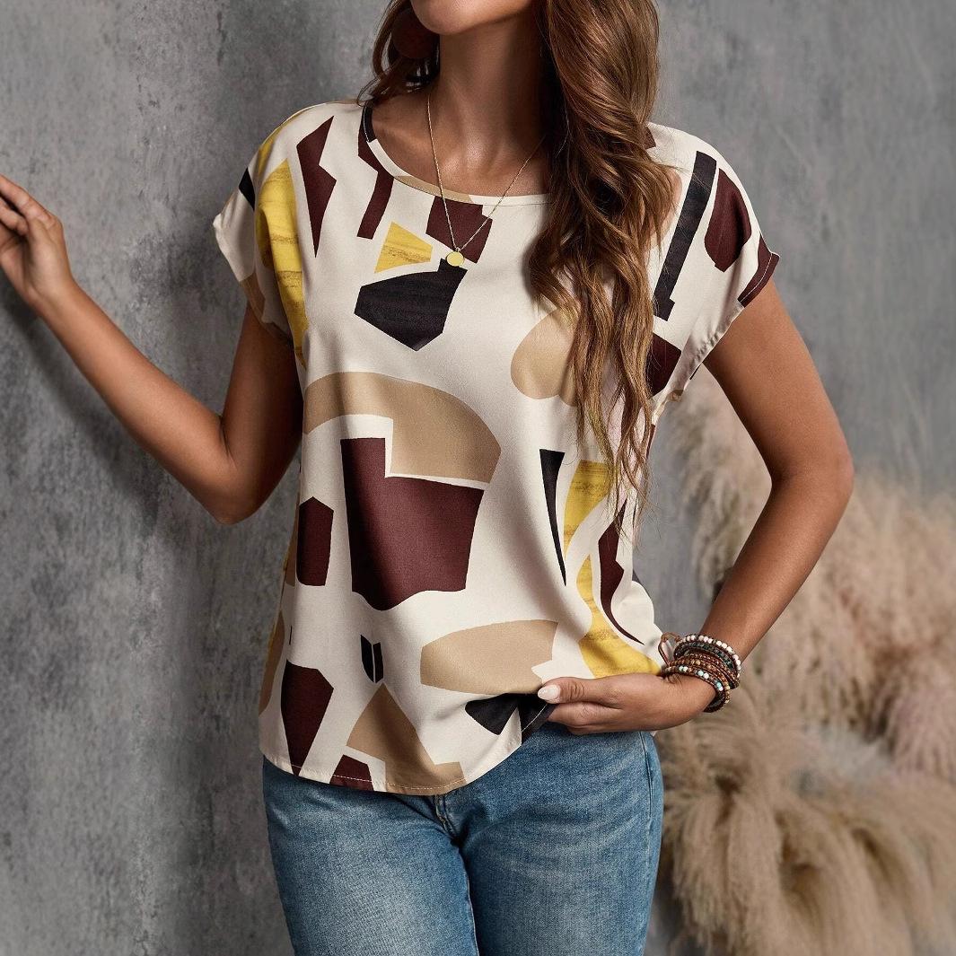 Womens Round-neck Printed Short-sleeve Top