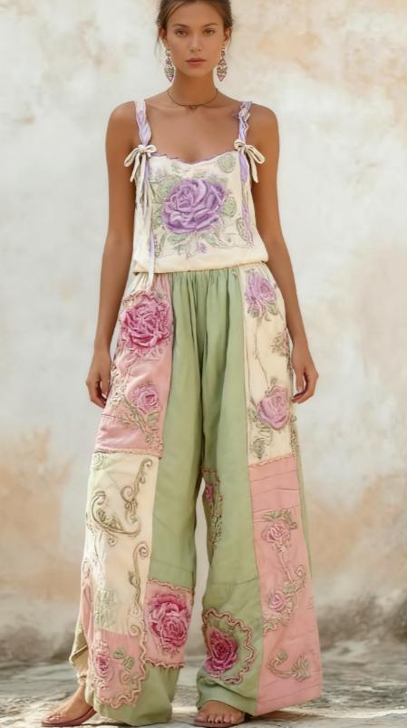 Bohemian Style Rose Embroidered Floral Patchwork Jumpsuit