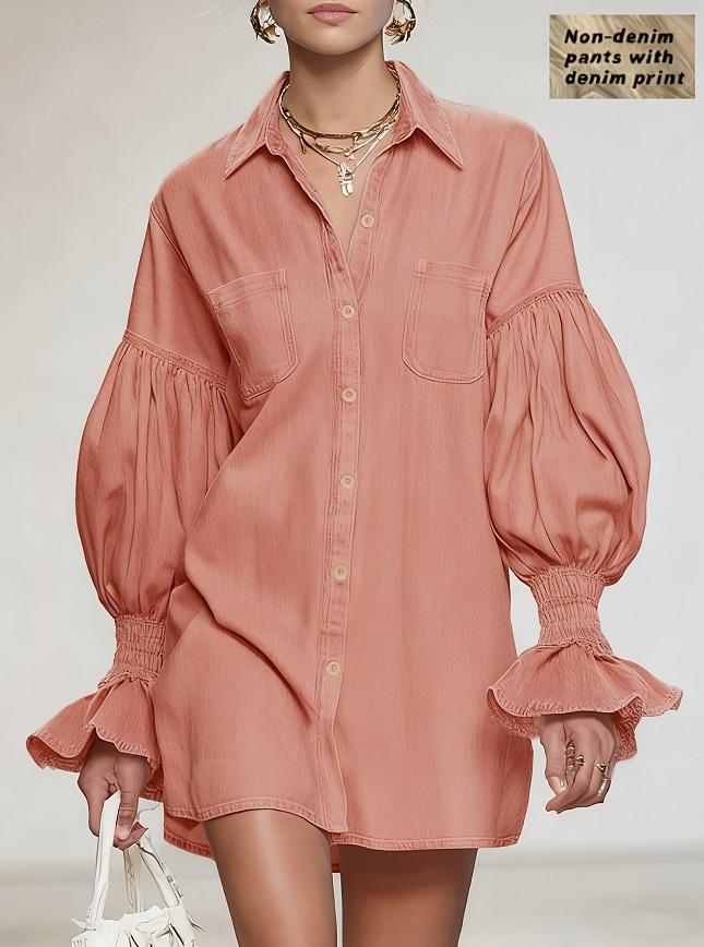 Puff-sleeve Denim Printed Shirt Dress