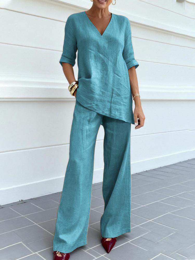 Casual Cotton-Linen Solid-Color Mid-Sleeve V-Neck Top And Straight-Cut Casual Pants Set