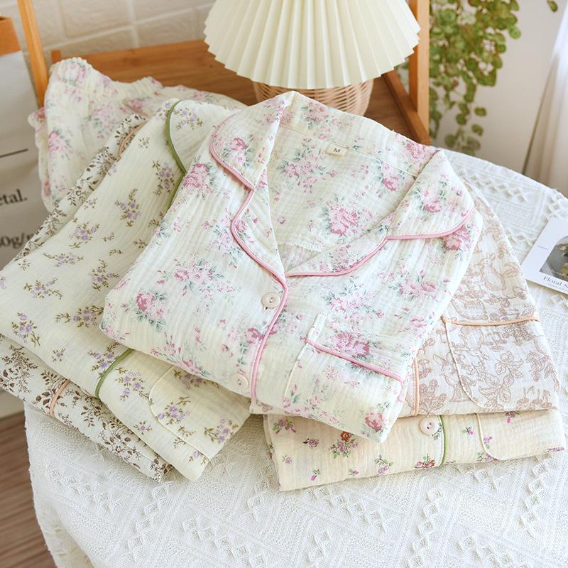 New Cotton Double-layer Gauze Sleeping Long Sleeve Cardigan Plus Size Summer Thin Cotton Homewear Suit