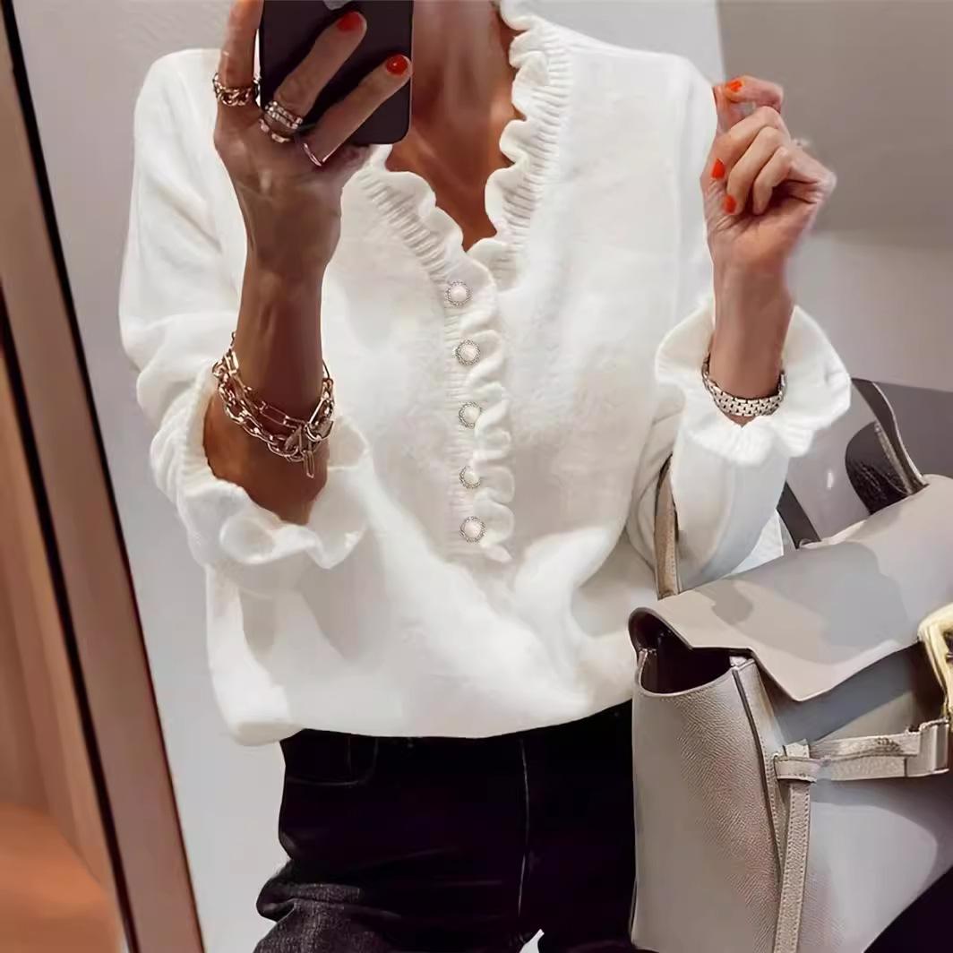 Long-sleeve Ruffled V-neck Knit Sweater