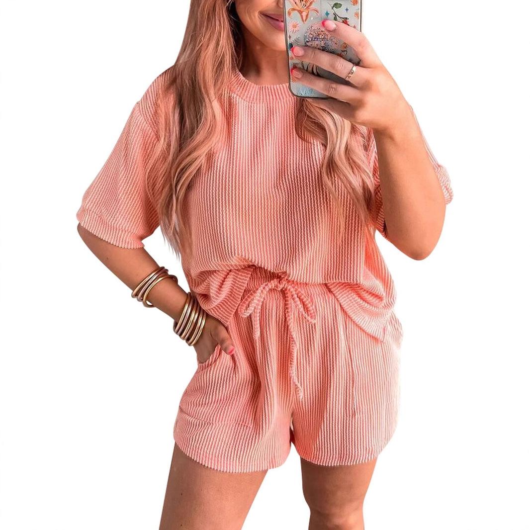 Short-sleeved Wavy Round Neck Top Elastic Waist Shorts Two-piece Set