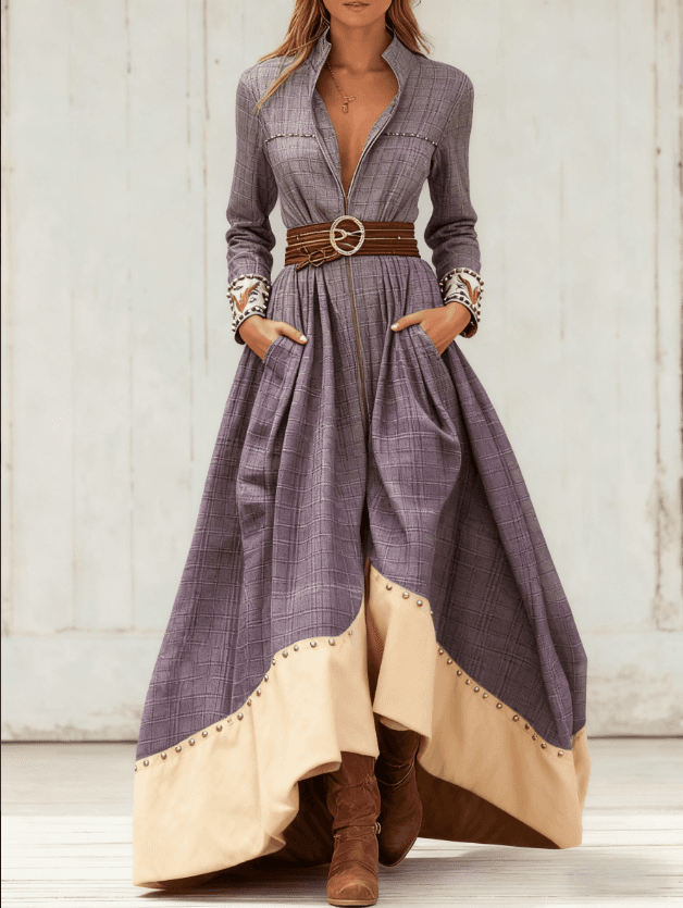Casual Retro Color-blocked Waist-cinching Long Dress
