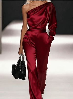 One-shoulder Satin Asymmetric Long-sleeve Jumpsuit
