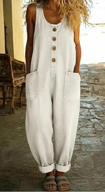 Retro Wide-leg Strap Womens Sleeveless Pocket Denim Jumpsuit