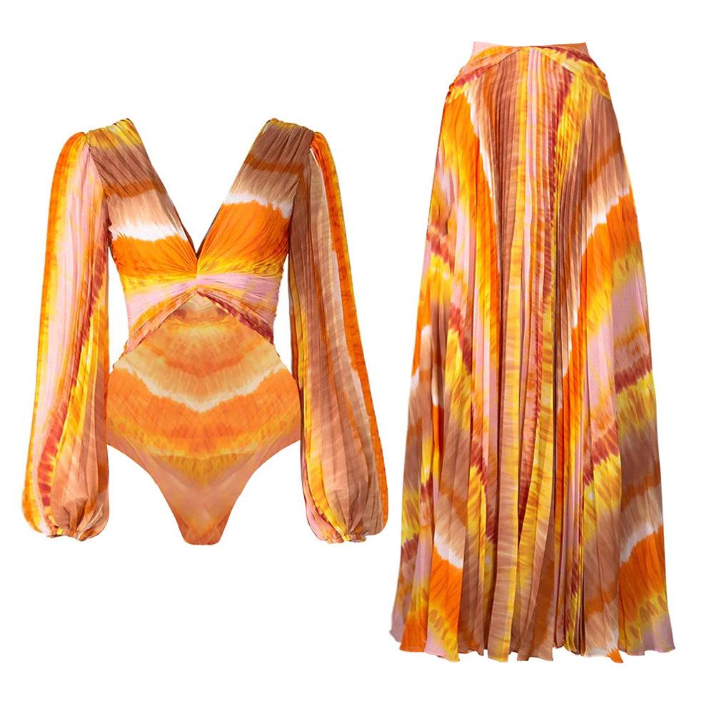 V-neck Long-sleeve One-piece Swimsuit For Women