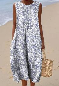 3D Digital Printing Pattern Sleeveless Round-neck Long-sleeved Dress