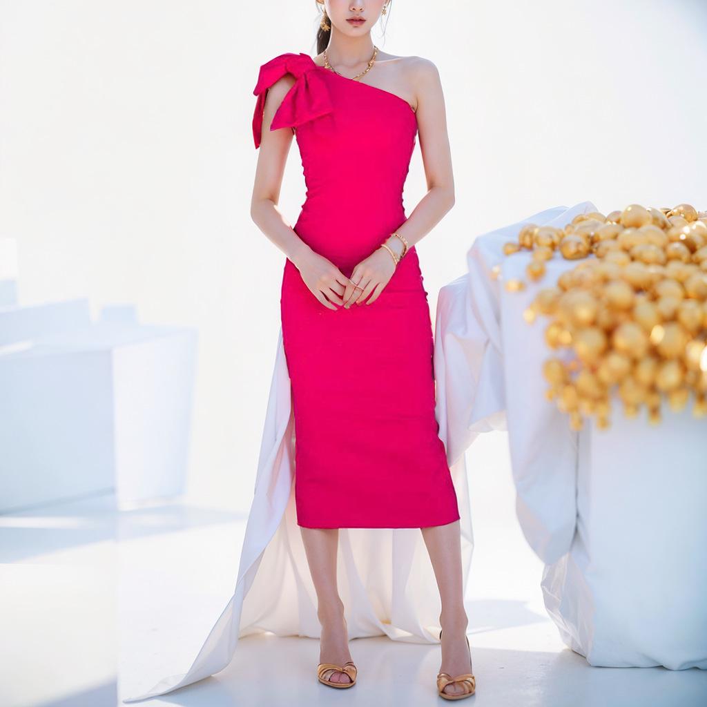 Elegant Solid Color And V-neck Slant Shoulder Split Dress