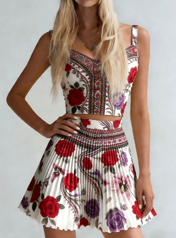 French Retro Style Floral Print Suspender Pleated Skirt Suit For Women
