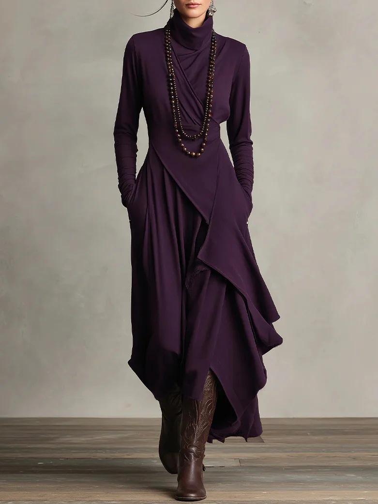 Solid Color Long Sleeve Cross Wrap High Neck Maxi Dress