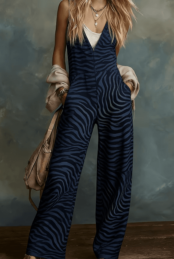 Women's American Retro Leopard Print V-Neck Zipper Wide-Leg Overalls Jumpsuit