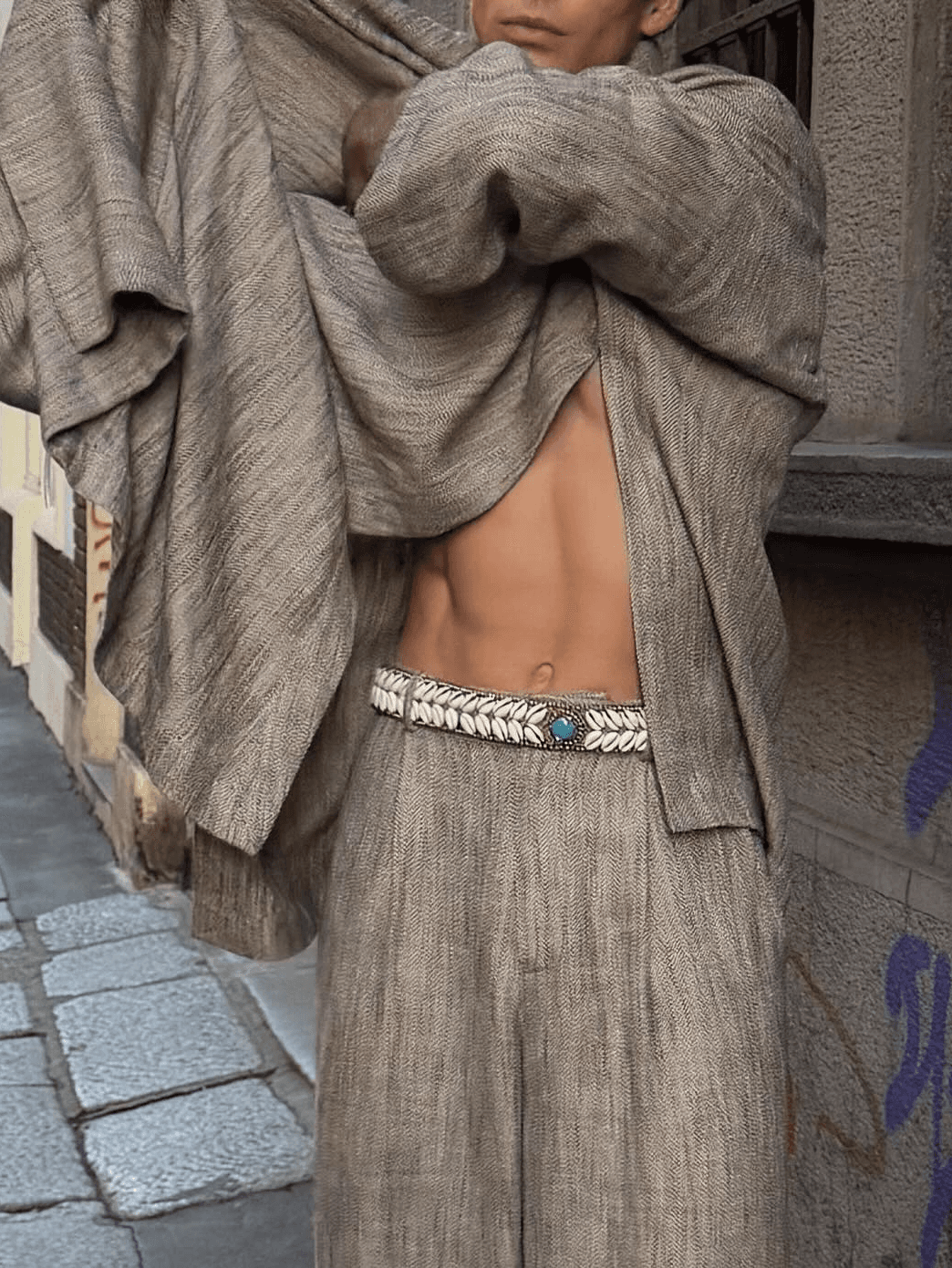 Men's Khaki Linen Blend 2-Piece Set - Draped Wrap Top & Super Wide Leg Pants