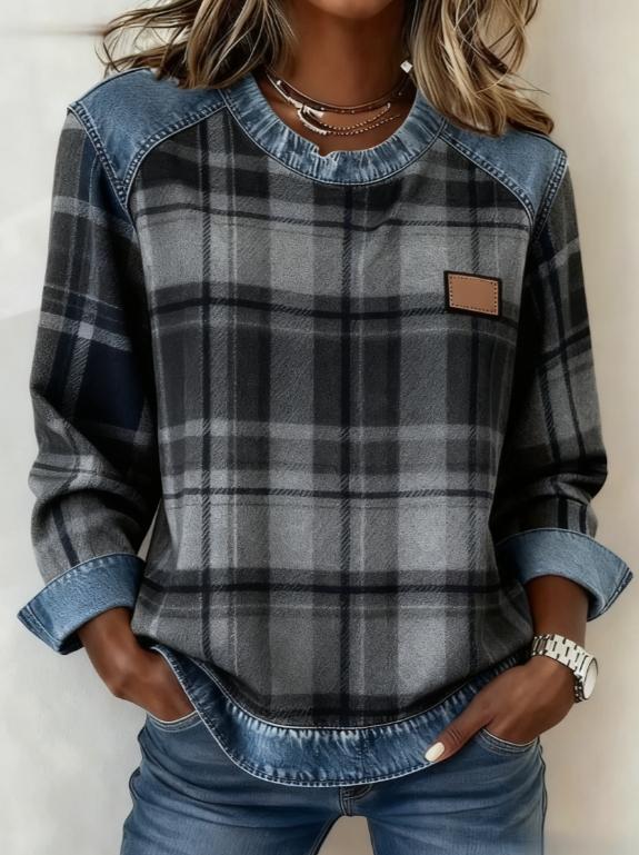 Plaid Denim Patchwork Round Neck Casual Long-sleeved Top
