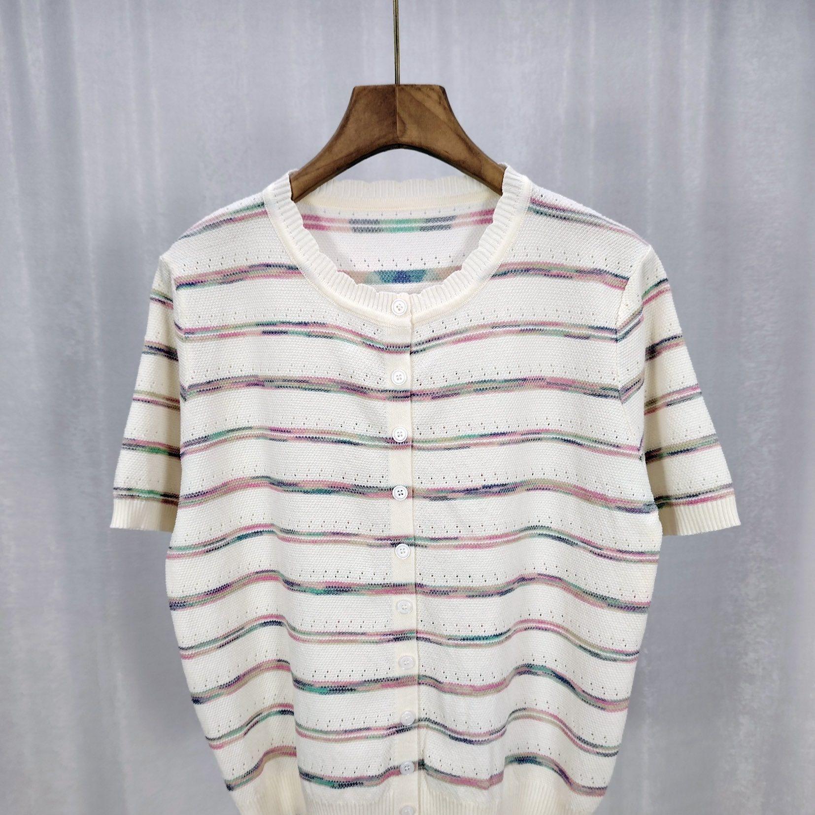 Womens French Chanel-style Striped Ice Silk Knit Top With Short Sleeves