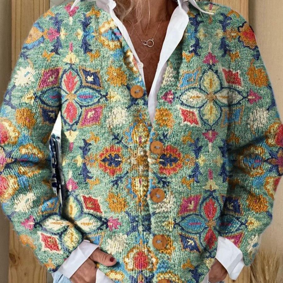 Women's Fashion 3D Color Matching Pattern Printing Cardigan Knitted Coat