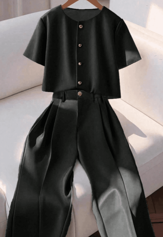 Black Satin Cropped Top & Pleated Wide-Leg Pants Set