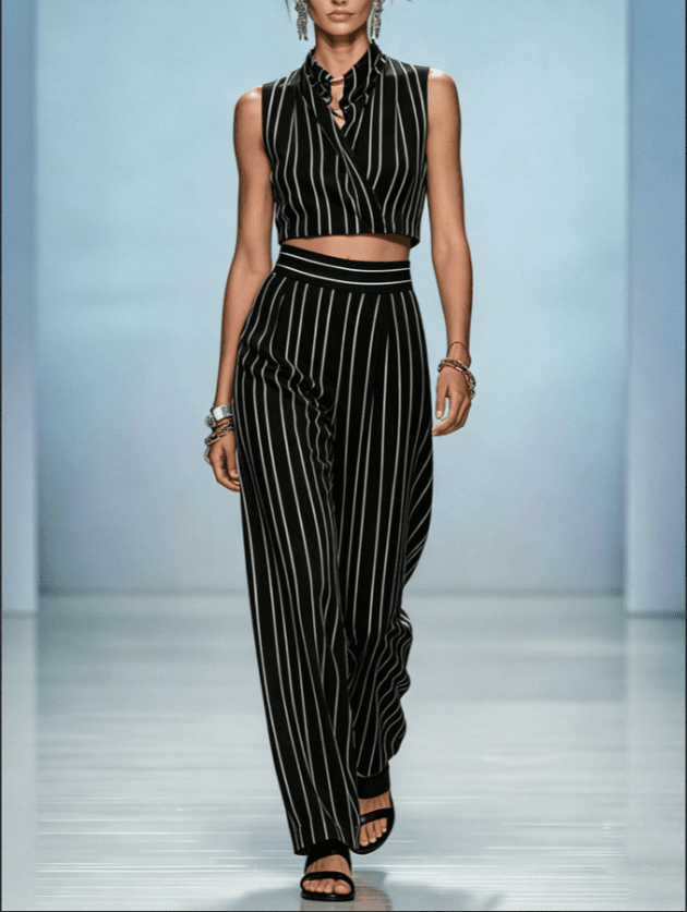 Stand Collar Wrap Sleeveless Crop Top And High Waist Vertical Stripe Wide Leg Pants Two Piece Set