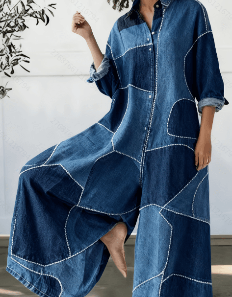 Loose-fitting Long-sleeved Casual Jumpsuit With Patchwork Design